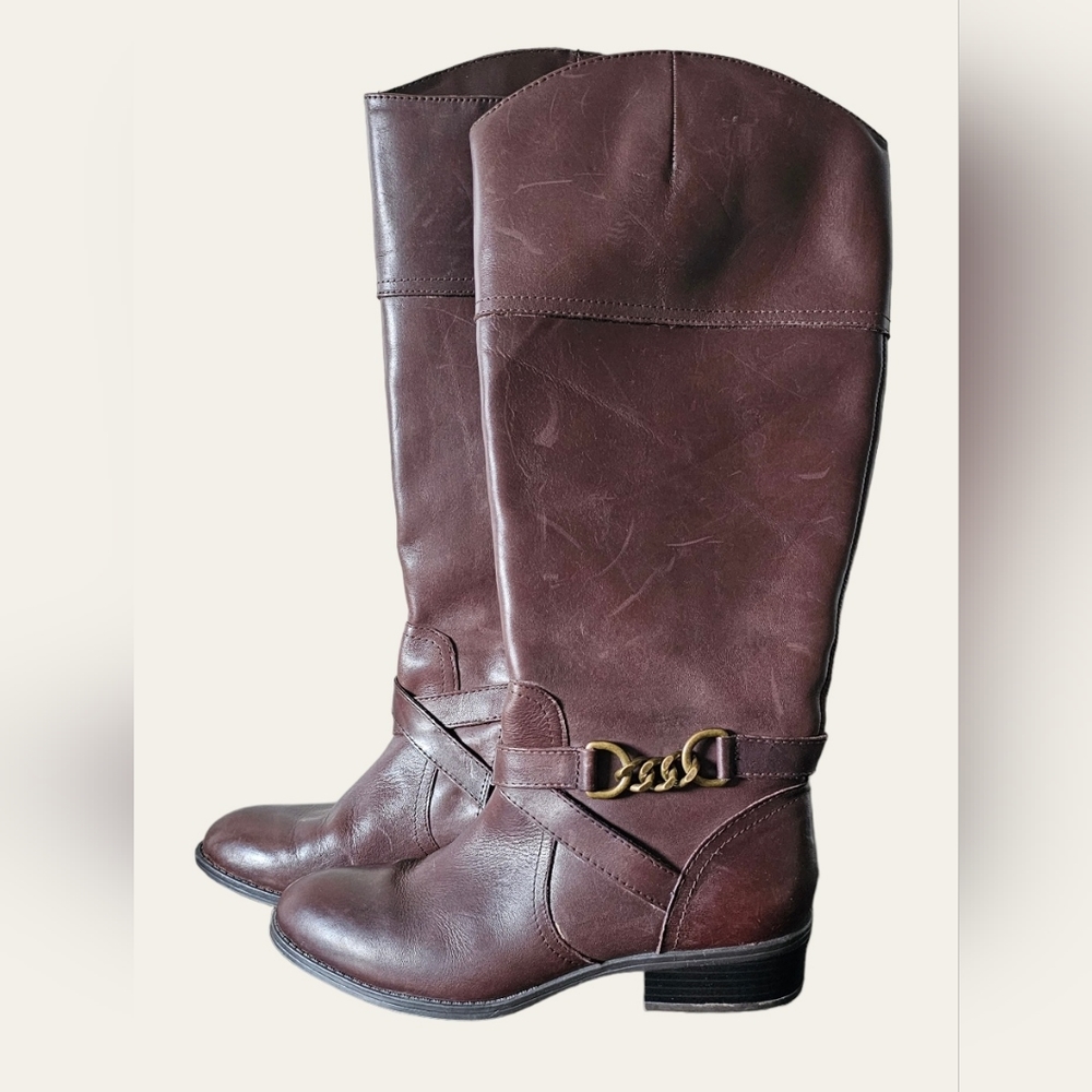 Ralf Lauren Leather Brown Buckle‎ Accent Knee Rider Boots, size 7.5